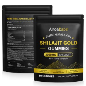 Pure Himalayan Shilajit Gold Gummies – front and back view of product bag with supplement facts.