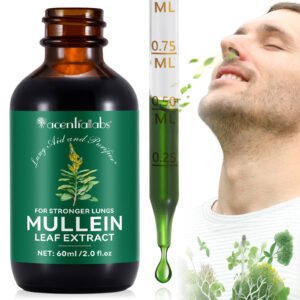 acentiallabs Mullein Leaf Extract Liquid Drops bottle - front view with man and dropper.